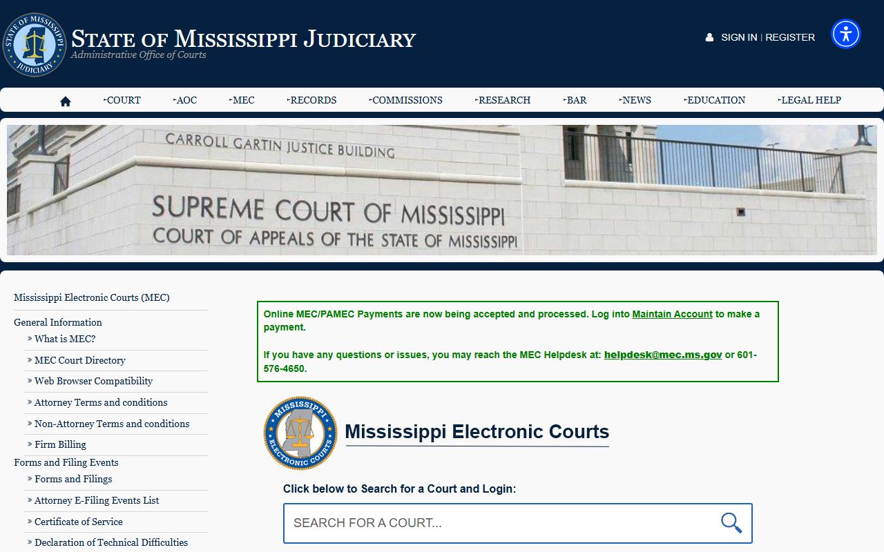 Mississippi Electronic Courts portal for Jefferson County court records after arrest