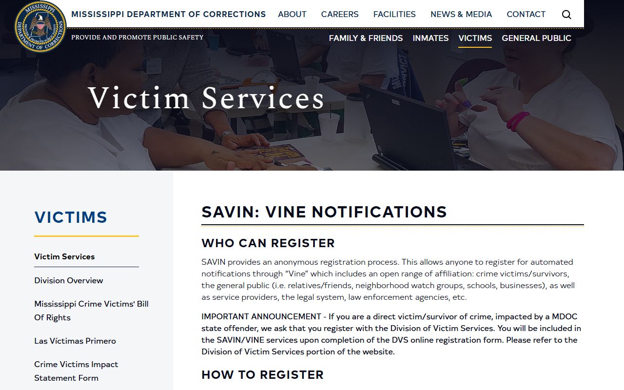 Mississippi SAVIN VINE custody notification page for Jefferson County jail mugshot searches